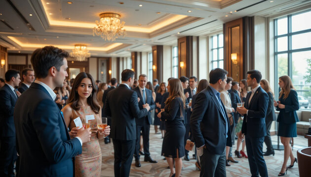 A group of elegantly dressed professionals happily mingle and network at a formal business event or reception, holding drinks