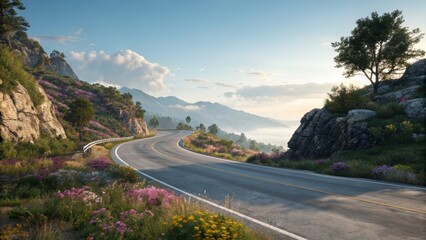 Fototapeta premium Serpentine road cuts through a scenic landscape, winding past colorful wildflowers and rolling mountains against a bright blue sky.