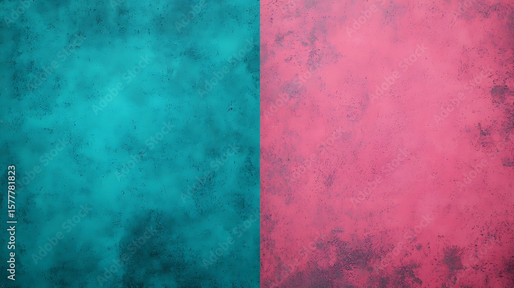 Poster a textured abstract background split vertically with turquoise on the left and pink on the right, fe