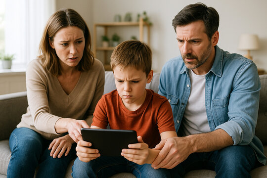 Worried parents guiding child using digital tablet at home
