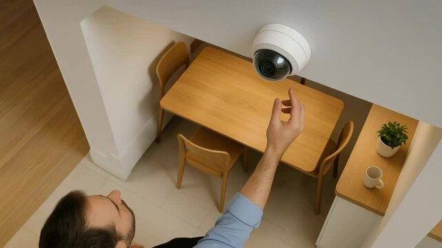 Security camera installation in modern office surveillance technology indoor setting aerial view safety awareness