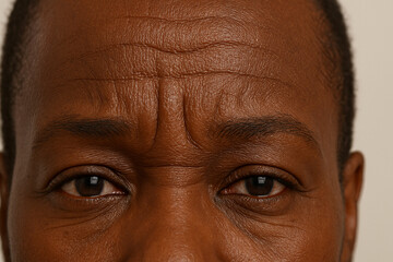 Forehead of a worried senior black man showing wrinkles and concern