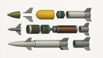 Exploded View of Surface-to-Air Missile System with Internal Components on White Background