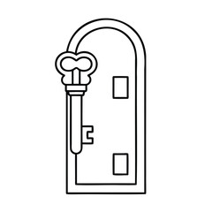 Handdrawn outline a key in a door with two rectangular shapes on a lock access