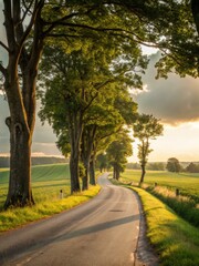 Scenic road winds through lush trees and open fields at sunset, creating a captivating, peaceful atmosphere.