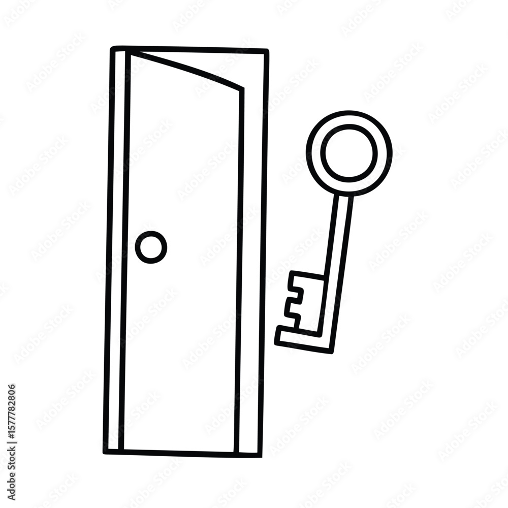 Aufkleber line drawing a door slightly ajar with a key beside it on a open closed