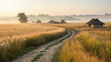 Fototapeta premium Ukrainian village scene presents a golden field, quaint houses, and a winding path at dawn
