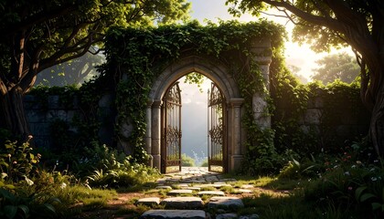 Sunlight streams through an archway overgrown with vines