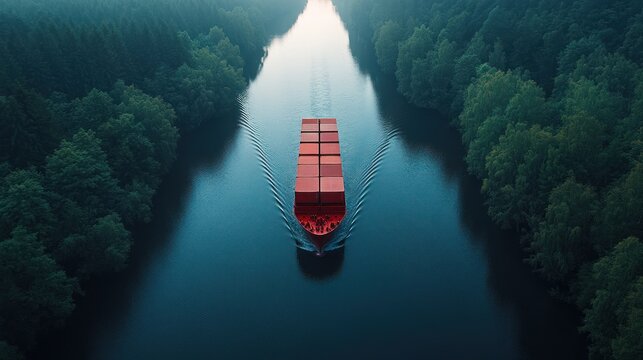 Cargo ship navigating a serene waterway through lush forest