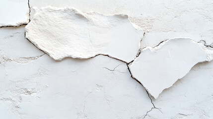 Obraz premium An abstract view of cracked, peeling white plaster on a wall, showcasing texture and patterns in weathered surfaces.
