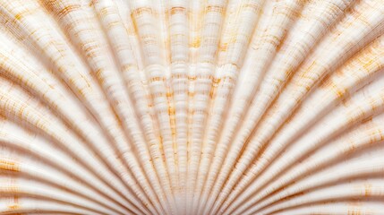 Close-up of a textured seashell showing radiating ridges and subtle orange and white hues, highlighting natural patterns and organic symmetry.