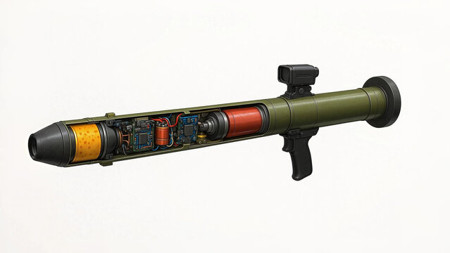 Realistic Cutaway View of Shoulder-Launched Surface-to-Air Missile (SAM) with Internal Components on White Background