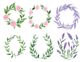 Watercolor botanical wreaths with roses lavender and greenery for elegant designs