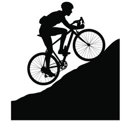 Fototapeta premium Silhouette vector art of a cyclist climbing a mountain, isolated in black and white with dynamic motion