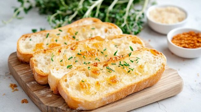 Garlic Bread Delights: A close-up shot showcasing golden-brown, perfectly baked garlic bread slices on a wooden board, ready to be savored.