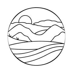 Handdrawn landscape within a circle featuring sun hills fields vector