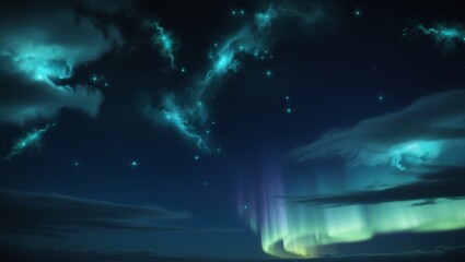 Obraz premium Vibrant aurora borealis dances across a starry night sky with ethereal clouds