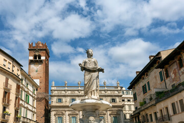 Fototapeta premium View on Piazza delle Erbe is a square in Verona and fountain Madonna Verona, northern Italy.