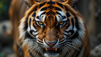 Fototapeta premium An intense close-up shot of a wild tiger showing its fierceness and raw power, perfect for nature lovers.