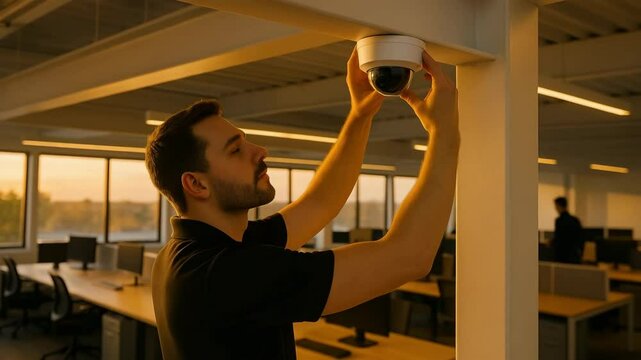 Installing security camera in modern office space surveillance setup indoor environment technician viewpoint