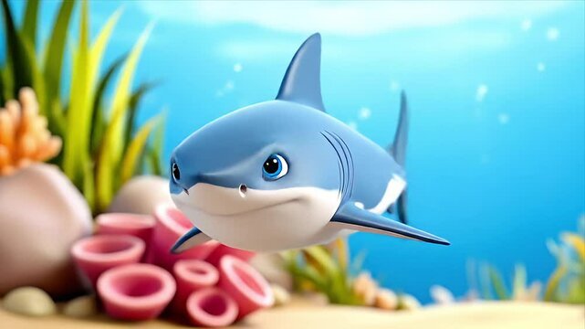 A cheerful, cartoon shark swims in vibrant blue water