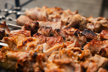 Juicy grilled meat skewers are cooking on a barbecue grill, showcasing a smoky atmosphere and...