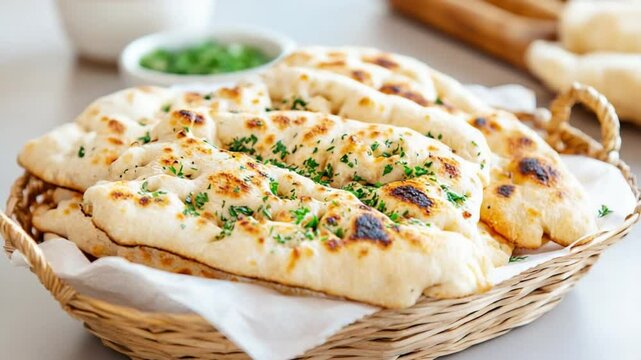 Garlic Naan Bread in Basket: A close-up shot of freshly baked garlic naan bread, arranged in a rustic woven basket, displaying its golden-brown crust and fragrant herbs.