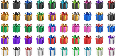 Collection of 3D illustrated gift boxes in different color combinations