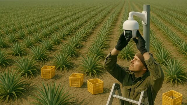 Monitoring pineapple fields with security cameras agricultural land surveillance rural landscape eye-level technology integration