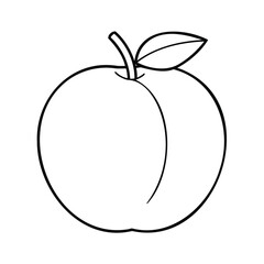 Simple black and white line drawing of a ripe peach with a stem and leaf