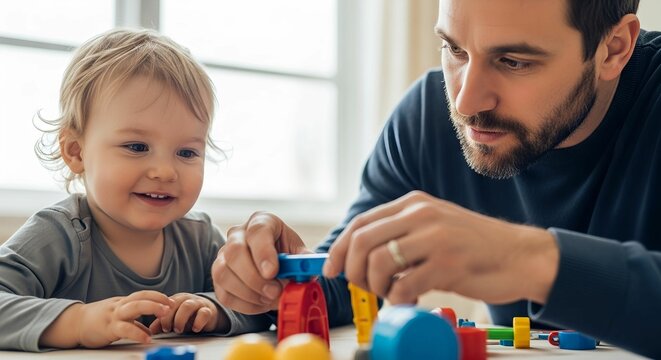 Father and toddler playing with colorful building blocks together indoors
