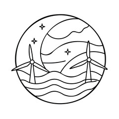 Handdrawn wind turbines on water with stars a crescent moon energy power
