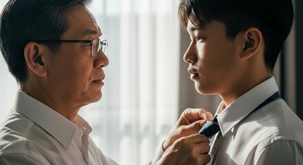 Father helping son adjust his tie