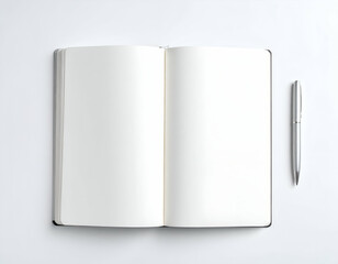 Naklejka premium Open notebook with a pen resting on blank pages