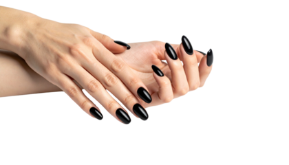 Woman’s Hand with Black Nail Polish on White Background Minimalist Beauty Concept  
