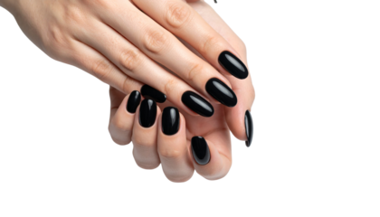 Woman’s Hand with Black Nail Polish on White Background Minimalist Beauty Concept  
