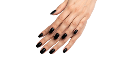 Woman’s Hand with Black Nail Polish on White Background Minimalist Beauty Concept  
