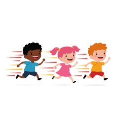 Three cheerful diverse children joyfully running a race against a white background with copy space.