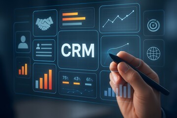 Customer relationship management interface with data analytics and business icons