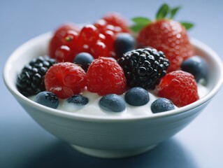 A bowl of vibrant fresh berries and yogurt, healthy breakfast, nutritious