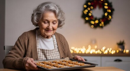 Grandmother happily holds a tray of freshly baked Christmas gingerbread cookies.