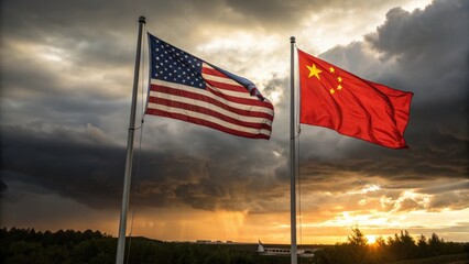 Flags of the USA and China ripple in the wind against a dramatic, moody sky at sunset, symbolizing global politics.