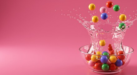 Colorful balls splashing into water, creating a dynamic, vibrant display.