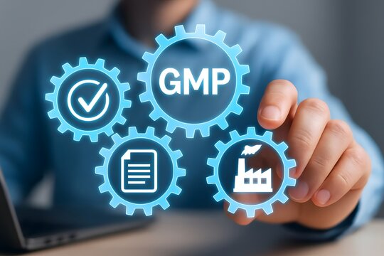 Man interacts with glowing gmp gears representing quality control and manufacturing processes