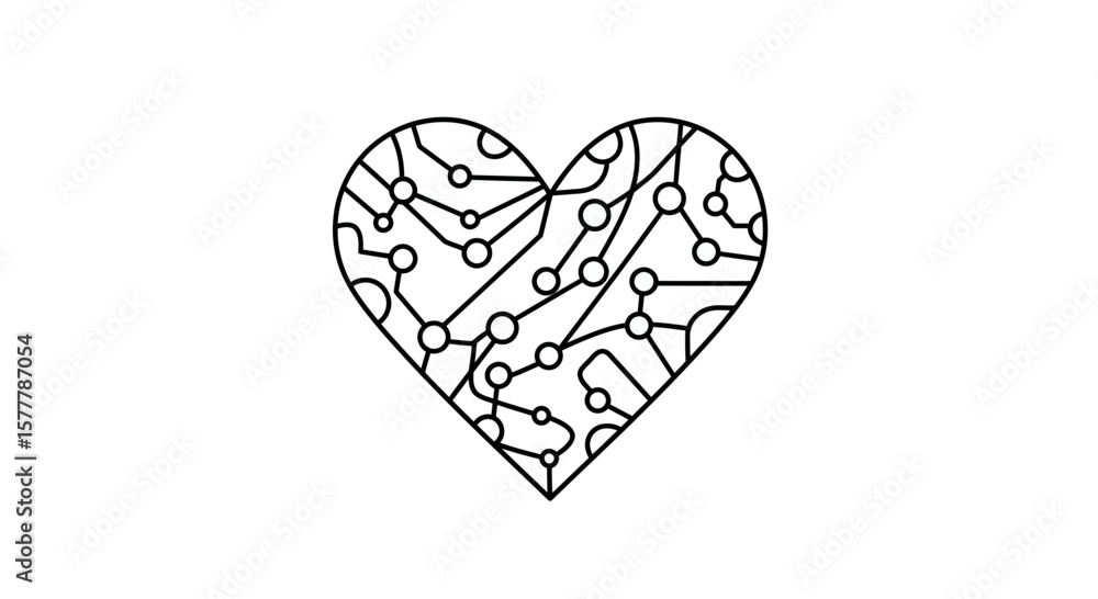 Poster heart shape filled with a circuit board pattern in black and white art