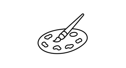 Outline drawing of a paint palette with blobs of paint and a brush on it