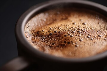 Close-up of freshly brewed coffee in a French press, rich aroma, morning ritual
