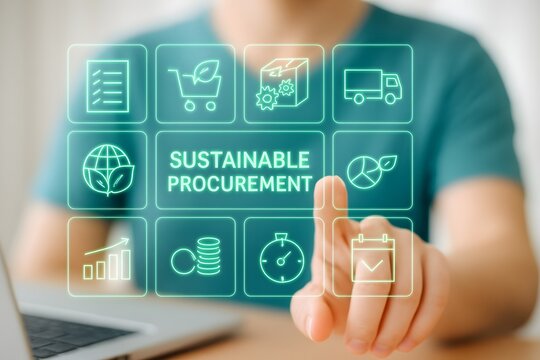 Person interacting with a digital interface showcasing sustainable procurement concepts