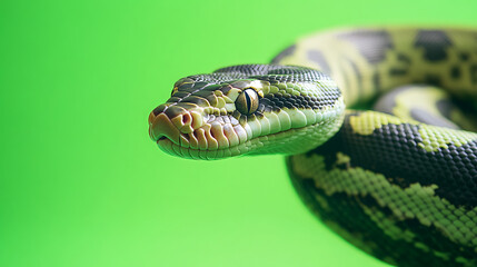 Fototapeta premium Close-up of a vibrant green python coiled against a bright green background, showcasing its scales