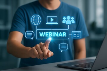 Person interacting with a digital webinar interface and icons representing online learning and communication